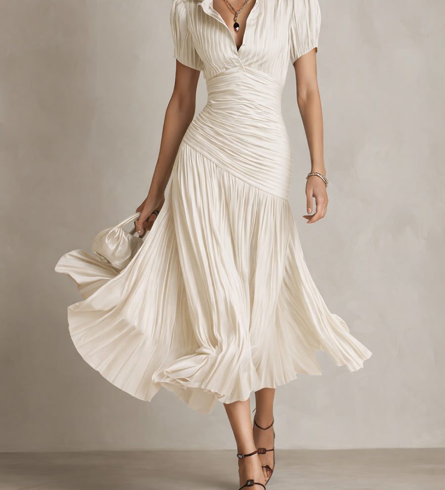 Adriana | Vestido midi satinado de rayas retro