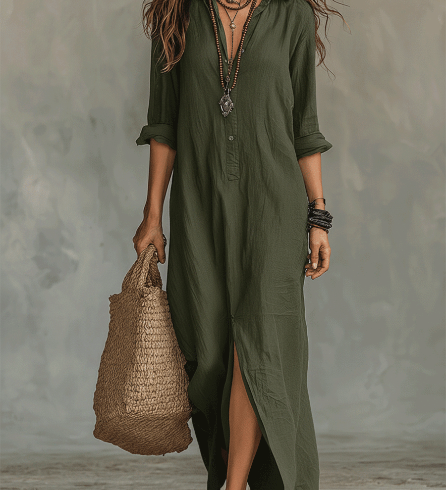 Vestido maxi bohemio negro con botones en la parte delantera