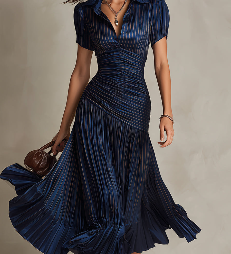 Adriana | Vestido midi satinado de rayas retro