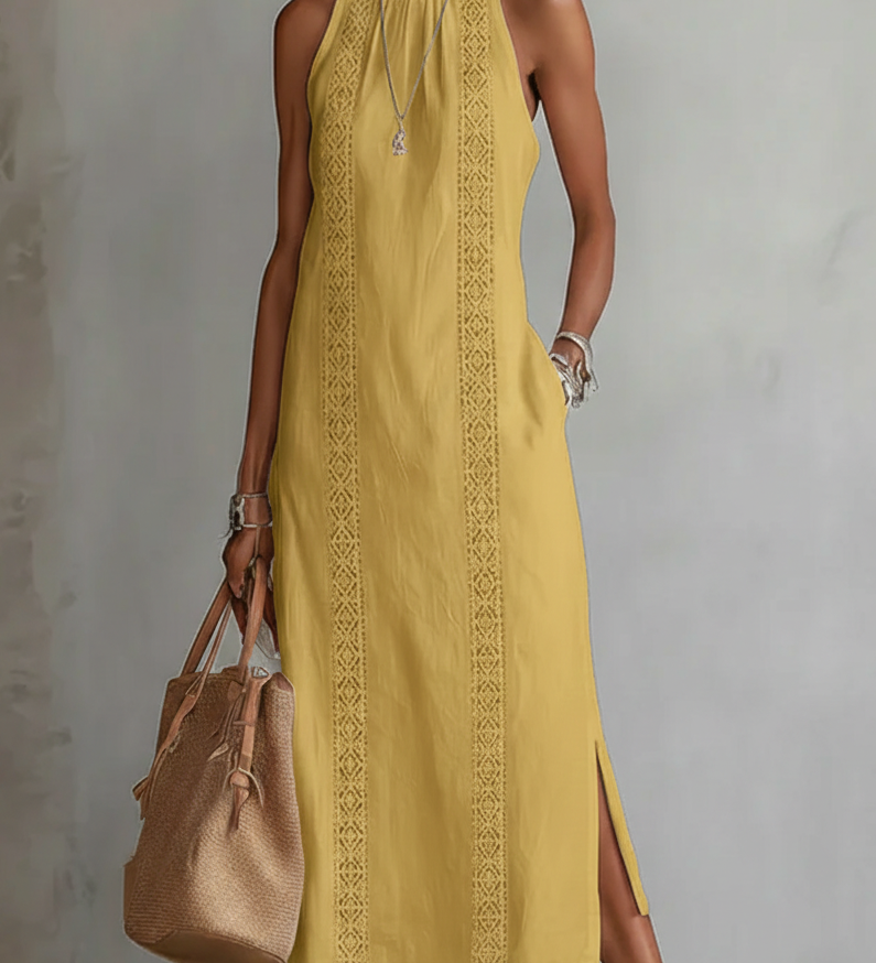 Jimena | Vestido midi de lino con cuello mao