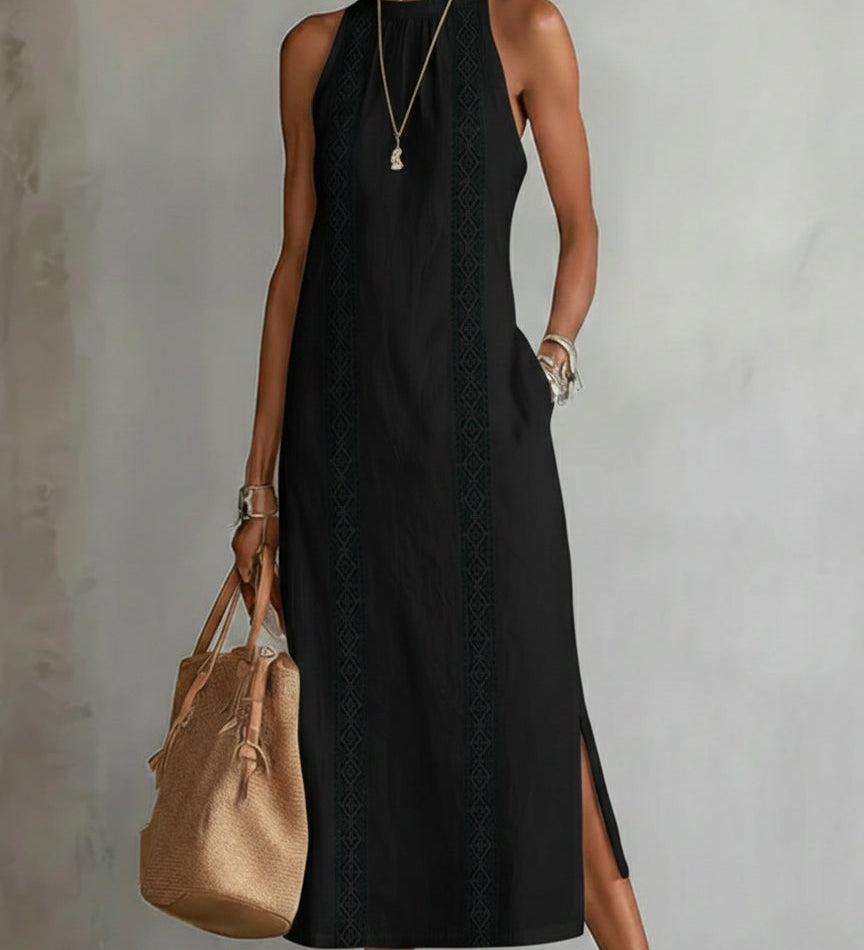 Jimena | Vestido midi de lino con cuello mao